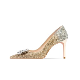 Con Tacco Alto Tacco A Spillo Con Strass Glitter Eleganti Scarpe Cerimonia Decollete Scarpe Da Sera Scarpe Sposa Dorati