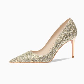 Gold Sparkly Elegant Glitter Prom Shoes Closed Toe Wedding Shoes Dress Shoes Evening Shoes High Heels Pumps