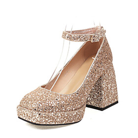 Dress Shoes Pumps 4 inch High Heel Chunky With Ankle Strap Evening Shoes Glitter Block Heel Square Toe Sparkly Gold