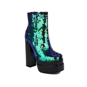 Con Pelo Interno Stivaletti Donna Verde Con Tacco Alto Scarpe Da Sera Glitter Plateau Tacco Largo Punta Tonda Inverno