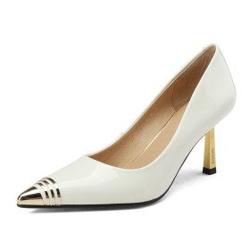 Stilettos 3 inch High Heel Pumps Beautiful White Business Casual Leather Dress Shoes Pointed Toe Patent Leather