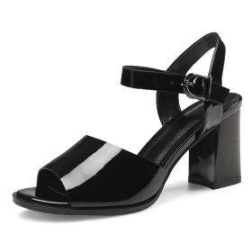 Block Heels Fashion Peep Toe Thick Heel Patent 8 cm High Heels Belt Buckle Faux Leather Sandals