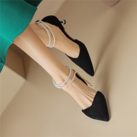 Sandals For Women Black Leather With Pearls Suede Stilettos Mid High Heeled Ankle Strap Business Casual Shoes Dress Shoes Elegant