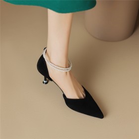 Sandals For Women Black Leather With Pearls Suede Stilettos Mid High Heeled Ankle Strap Business Casual Shoes Dress Shoes Elegant