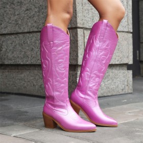 7 cm Middelhoge Heels Imitatieleer Cowboy Boots Dames Lange Laarzen Vintage Lak Sparkle Knie Laarzen