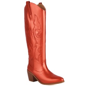 Originale Knee Boots Bottes Haute Femme Brodé Confortables Talon Carré Talon 7 cm Femme Bout Pointu Rouge Cowboy Talon Epais