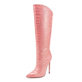 Mit 12 cm Hohe Absatz Stiletto Gefütterte Geprägt Schlangenmuster Kniehohe Hohe Stiefel Pink Moderne