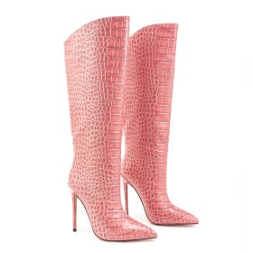 Faux Leather Patent Leather Knee High Boot For Women Snake Printed Stiletto Heels Pointed Toe Pink 12 cm High Heels