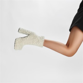 Blanche Talons Hauts Bottines Bout Rond Fermeture Éclair Plateforme Talon Epais Talons Carrés Simili Fourrure Boots Femme