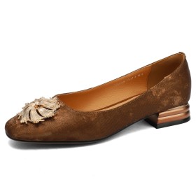 Buckle Classic Elegant Chunky Heel Flower Low Heeled Slip On Shoes Round Toe Casual Comfort Brown Velvet Block Heels