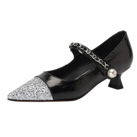 Natural Leather Patent Dressy Shoes Elegant Pointed Toe Pearl Low Heel Black Going Out Footwear Mary Jane Sparkly Kitten Heel
