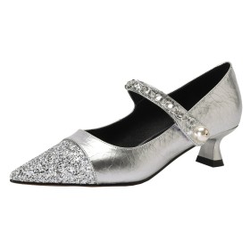 Kitten Heel Low Heel Stilettos Leather Patent Leather Silver Pearl Pumps With Chain Dress Shoes Sparkly Glitter Beautiful