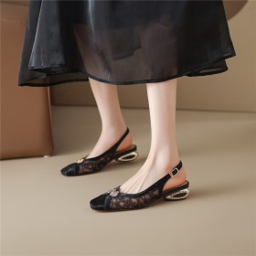 Lace Slingback Chunky Business Casual Fashion Leather Elegant Pumps Going Out Shoes Block Heel Summer