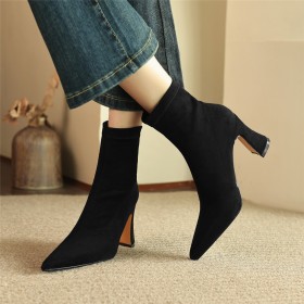8 cm High Heel Vintage Enkellaarsjes Dames Sock Boots Imitatieleer Met Blokhak Suede