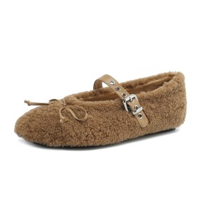 Fur Lined Moccasin Shoes Comfort Brown Vintage Flat Shoes Ankle Strap Belt Buckle Loafers