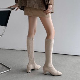 Chunky Classic Suede Sock Boots Tall Boot Block Heels 2 inch Low Heel Comfortable Knee High Boots Faux Leather