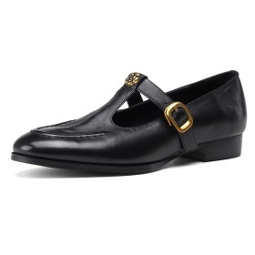 Black T-Strap Belt Buckle Flats Business Casual Classic Leather Round Toe