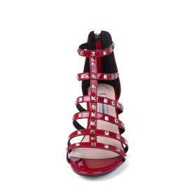 Sandalen Dames Bordeaux Rode Blokhakken 8 cm High Heel Leren Klassiek Gladiatorsandalen Met Studs