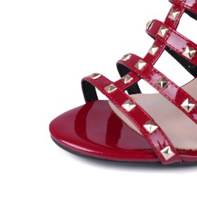 Sandalen Dames Bordeaux Rode Blokhakken 8 cm High Heel Leren Klassiek Gladiatorsandalen Met Studs