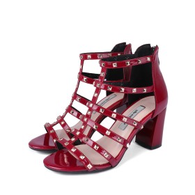 Sandalen Dames Bordeaux Rode Blokhakken 8 cm High Heel Leren Klassiek Gladiatorsandalen Met Studs