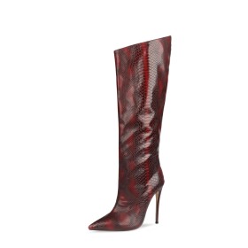 Burgundy Knee High Boot Pointed Toe Tall Boot Cowboy 4 inch High Heel Snake Printed