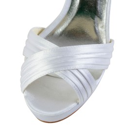 エレガント 結婚式 靴 サテン アンクル ストラップ 白い バックル ハイヒール 厚底 ピンヒール フォーマル サンダル S9620080765