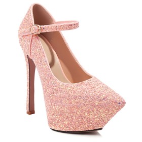 Sparkly Evening Party Shoes Platform Stylish Belt Buckle Pumps With Ankle Strap Sequin 6 inch High Heel Pointed Toe Stiletto