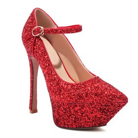 Fashion Stiletto Going Out Shoes Sequin Platform Evening Party Shoes Red 15 cm High Heels Pumps Belt Buckle