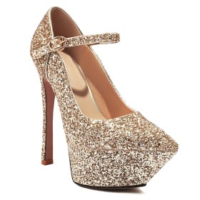 Scarpe Con Cinturino Alla Caviglia Dorati Glitter Scarpe Da Sera Tacchi A Spillo Plateau 15 cm Tacchi Alto Moda Decollete Luccicante