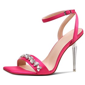 Belt Buckle Classic Ankle Strap Strappy Hot Pink Beautiful Rhinestones Sandals 4 inch High Heel Peep Toe Faux Leather Dressy Shoes