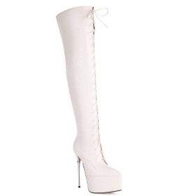 Over The Knee Boots Fur Lined Stiletto Crocodile Printed White Tall Boots 16 cm Extreme High Heels Closed Toe Faux Leather Platform Pole Dancing Shoes