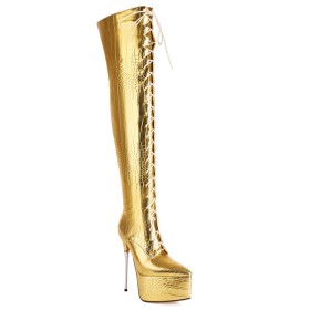 Super High Heels Crocodile Print Pole Dance Shoes Gold Stiletto Thigh High Boot For Women Faux Leather Tall Boots Fur Lined