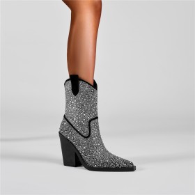 Talons Carrés Avec Strass Bottines Femme Talon Haut 10 cm Boots Femme