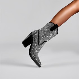 Booties For Women Sparkly Elegant Going Out Footwear Chunky Heel High Heels Block Heel Rhinestones Faux Leather Fashion