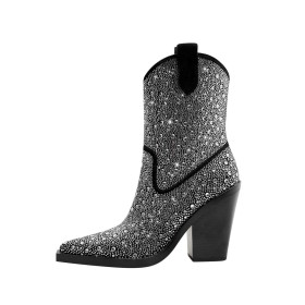 Booties For Women Sparkly Elegant Going Out Footwear Chunky Heel High Heels Block Heel Rhinestones Faux Leather Fashion