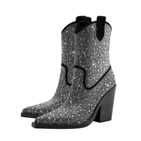 Booties For Women Sparkly Elegant Going Out Footwear Chunky Heel High Heels Block Heel Rhinestones Faux Leather Fashion