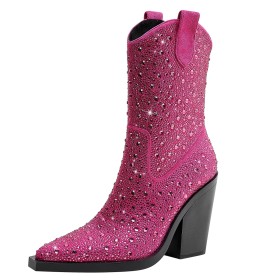 Faux Leather High Heel Elegant Thick Heel Block Heels Booties Hot Pink With Rhinestones Sparkly