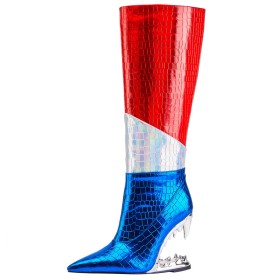 Faux Leather 4 inch High Heel Tall Boots With Color Block Multicolor Red Snake Print Patent Knee High Boot