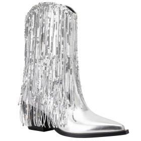7 cm Mid Heel Metallic Block Heel Fashion Ankle Boots For Women Fringe Dance Shoes Silver Thick Heel