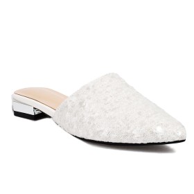 Confort Talon Epais Paillettes Blanche Claquette Bout Pointu A Petit Talon Talon Carré