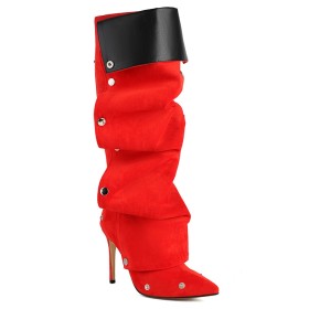 Rode Knie Laarzen Met Studs Imitatieleer Mode Nubuck Going Out Hoge Laarzen 10 cm High Heel Slouch