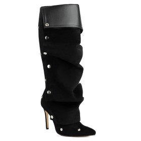 Slouch Stilettos 4 inch High Heeled Studded Black Nubuck Fold Over Suede Tall Boots Faux Leather Knee High Boot