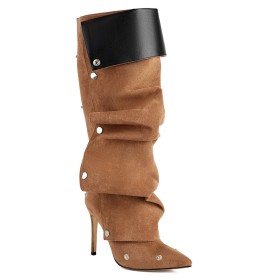 10 cm High Heel Knee High Boots Slouch Studded Brown Suede Stiletto