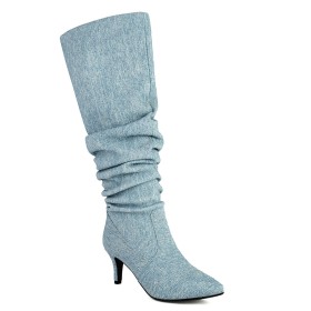 Tall Boots Stiletto Heels Fur Lined Pointed Toe Denim 6 cm Heeled Knee High Boots For Women