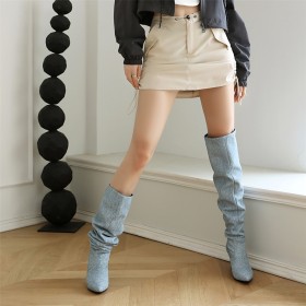 Slouch Klassisch Winter Mit Absatz Stilettos 6 cm Mittlerer Absatz Kniehohe Stiefel Boots Damen Denim Gefütterte