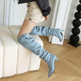 Slouch Klassisch Winter Mit Absatz Stilettos 6 cm Mittlerer Absatz Kniehohe Stiefel Boots Damen Denim Gefütterte