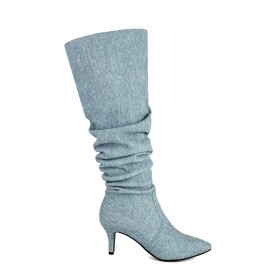 Slouch Klassisch Winter Mit Absatz Stilettos 6 cm Mittlerer Absatz Kniehohe Stiefel Boots Damen Denim Gefütterte