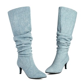 Slouch Klassisch Winter Mit Absatz Stilettos 6 cm Mittlerer Absatz Kniehohe Stiefel Boots Damen Denim Gefütterte