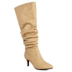 Mid Heel Slouch Denim Knee High Boots For Women Tall Boot Pointed Toe Tan Classic