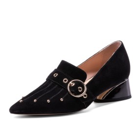 À Talon Confort Clouté Cuir Classique Talons Epais Loafers Suède Noir Chaussures Pour Femme